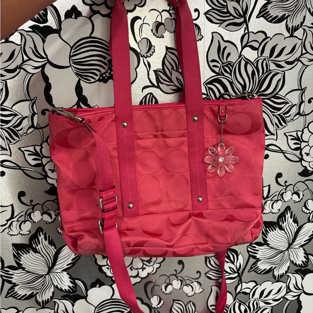 Coach Signature Pink Tote Bag with Flower Charm – Shoulder or Crossbody